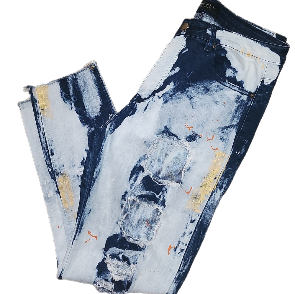 AMERICAN BAZI SKINNY BLEACH PAINTED DISTRESSED JEANS SIZE L - Picture 5 of 6